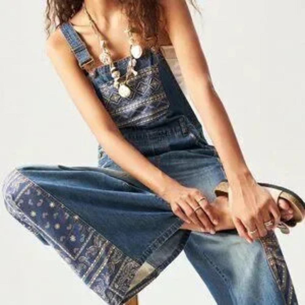 Medium Wash Casual Women's Woven Patchwork Wide-Leg Bib jumpsuit overall Pants